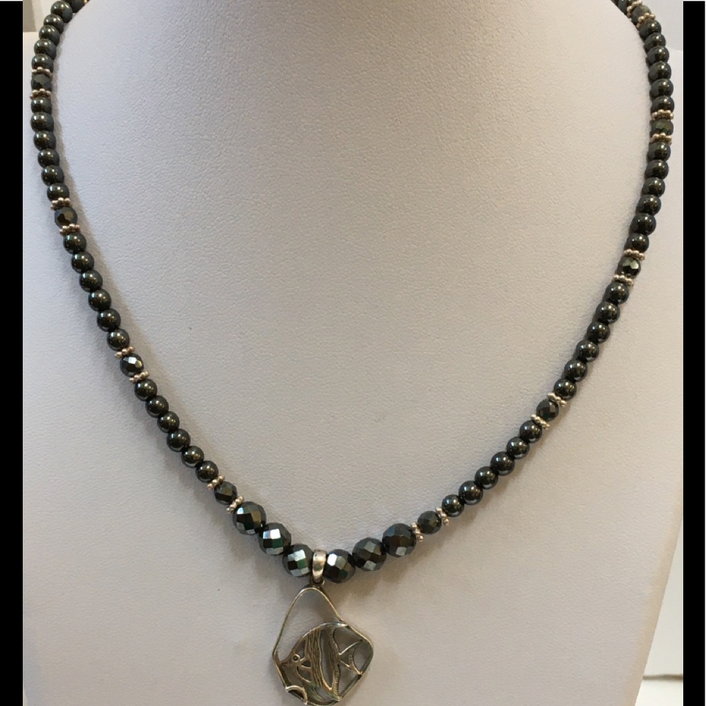 Hematite & Sterling Silver Angel Fish Necklace